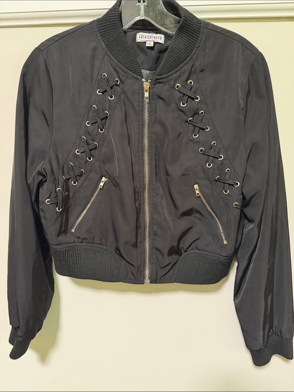 Fashion Nova Black Lace-Up Bomber with Gold Zippers